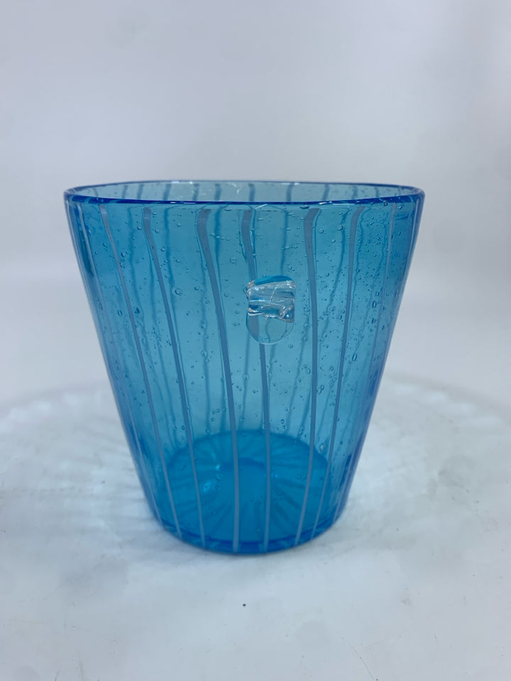 BLUE GLASS SMALL ICE BUCKET W/WHITE LINES.