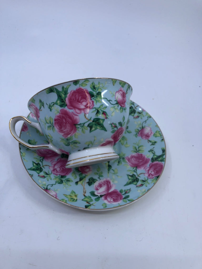 AQUA W PINK ROSES CUP AND SAUCER-GRACES TEAWARE.