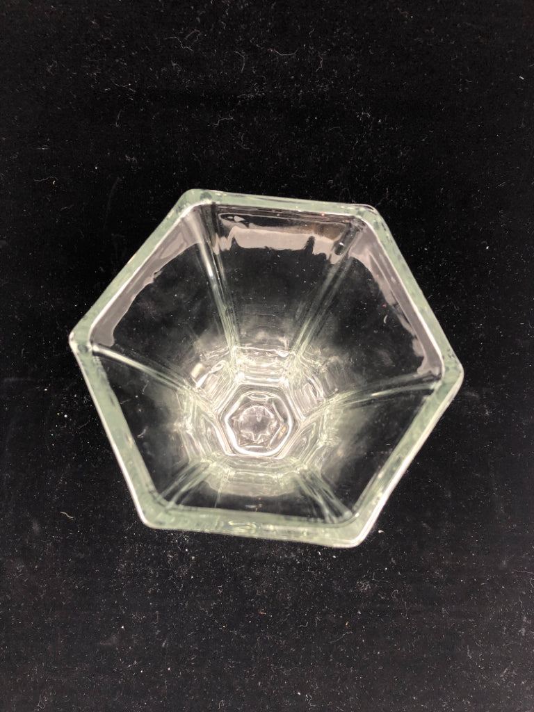 FLARED TOP GLASS HEXAGON SHAPE VASE.