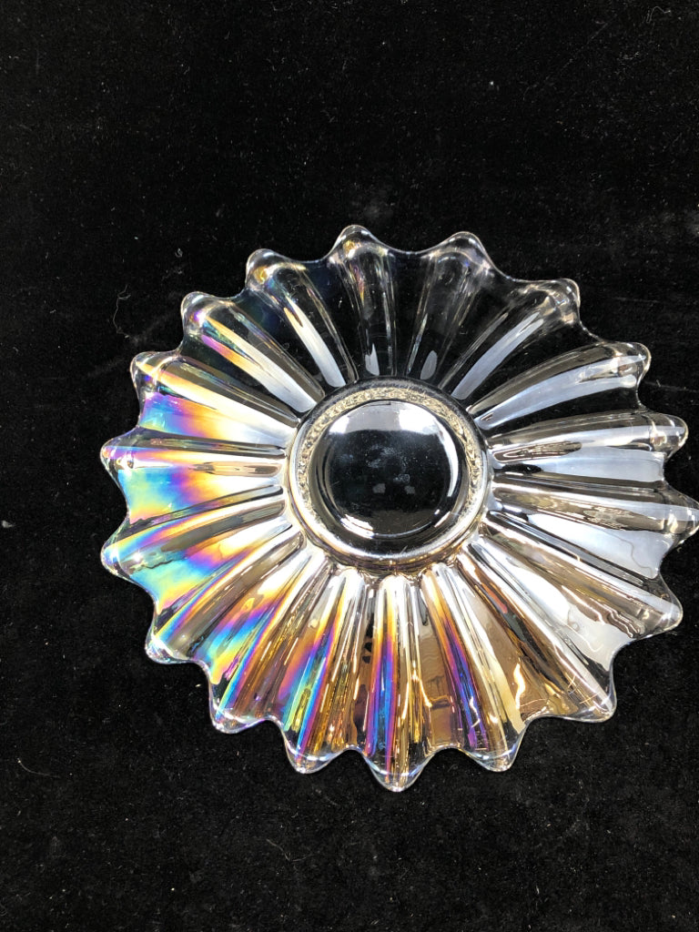 IRIDESCENT RUFFLED GLASS CANDLE PLATE.