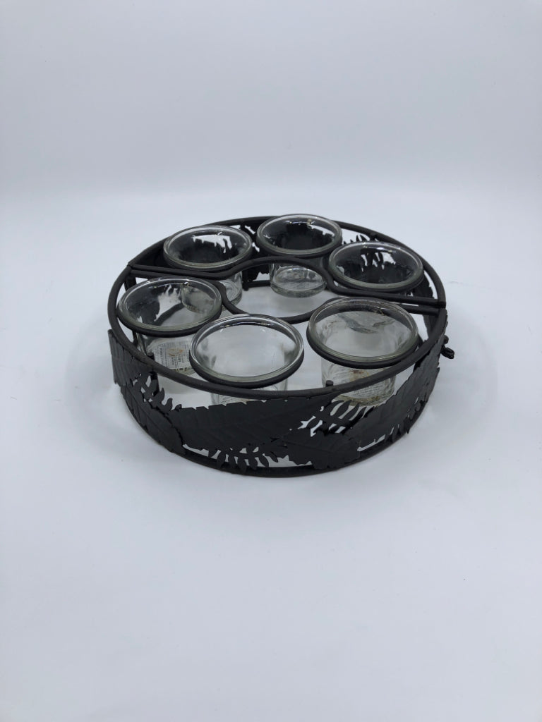 BLACK METAL TEALIGHT PATIO UMBRELLA HOLDER 6 SECTION.