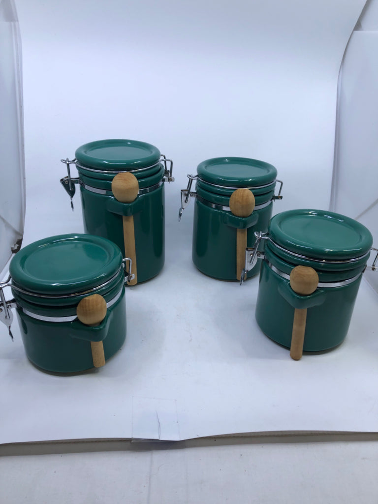 4PC BRIGHT GREEN CANISTERS W SPOONS.