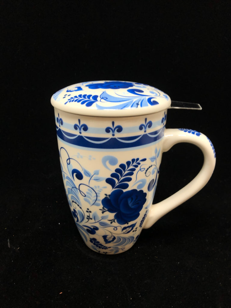 STEEPER MUG W/LID BLUE FLORAL ACCENTS.