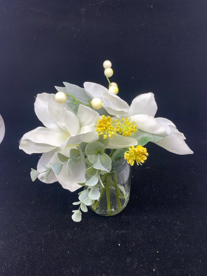 MASON JAR W/2 FAUX WHITE FLOWERS IN FAUX WATER.