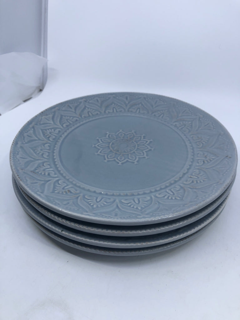 4 LIGHT BLUE EMBOSSED DINNER PLATES.