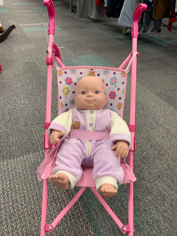 Hauck Pink w/ Flowers Toy Baby Doll Stroller w/ Doll