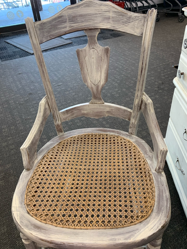 RUSTIC OFF WHITE DESK W/ 3 DRAWERS + CANE CHAIR.