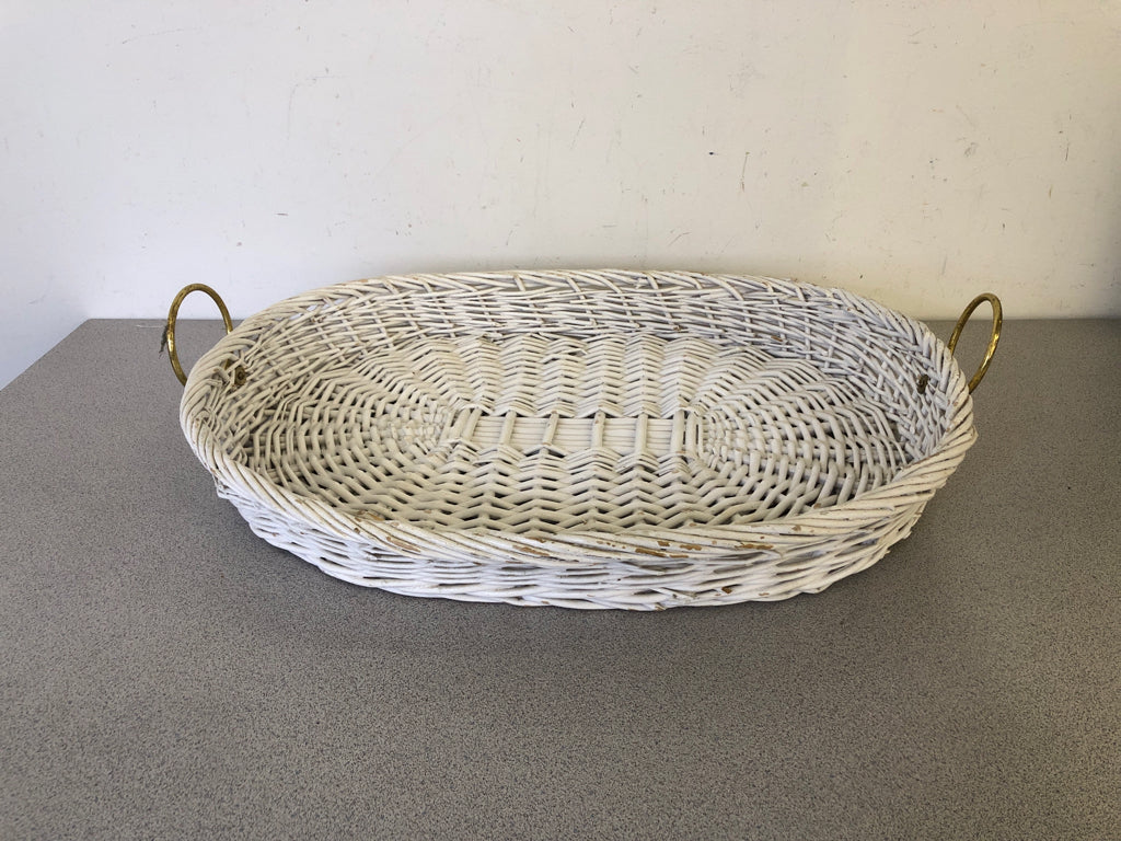 WHITE OVAL WICKER  BASKET/TRAY W GOLD HARDWARE HANDLES.