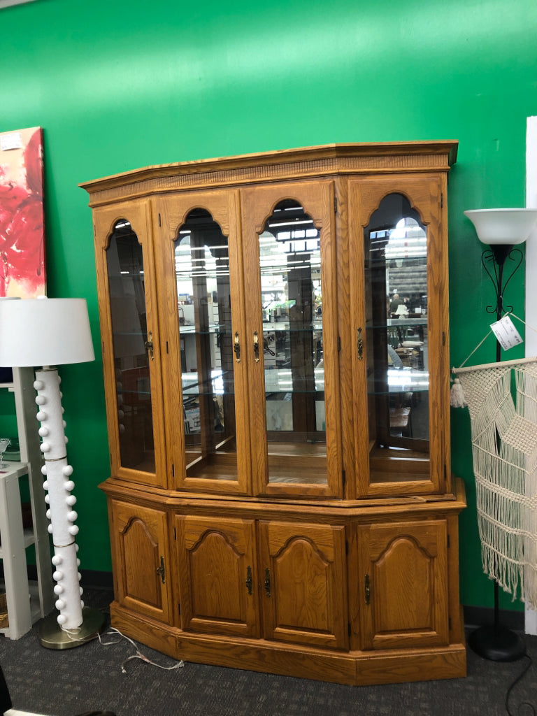 LARGE OAK WOOD HUTCH W GLASS SHELVES - 2PC.