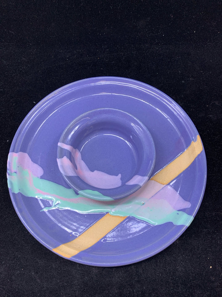 PURPLE POTTERY CHIP DIP SERVER.