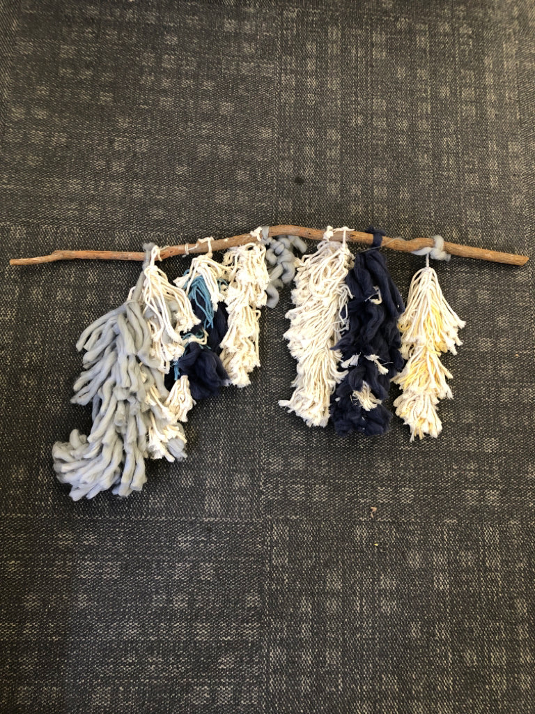 STICK WALL ART-MACRAME GREY+BLUE BRAIDED.