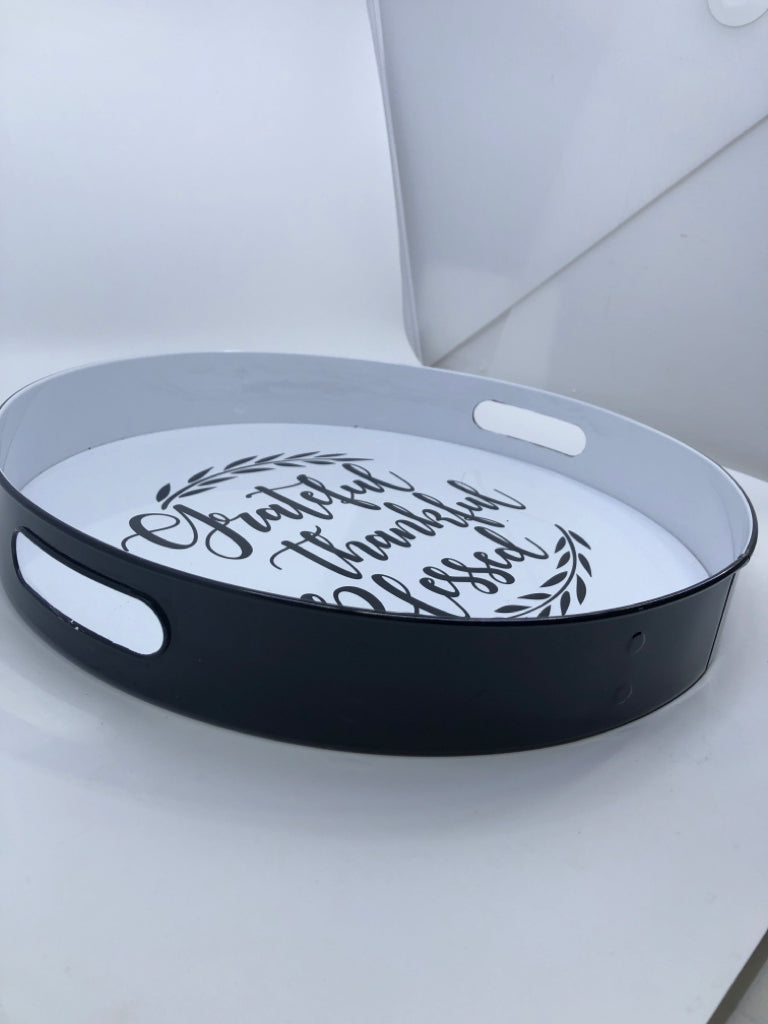 GRATEFUL, THANKFUL METAL ROUND TRAY W HANDLES.