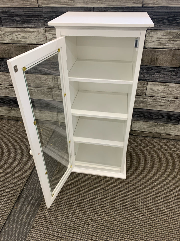 SMALL WHITE CABINET- CLEAR DOOR AND 4 SHELVES.