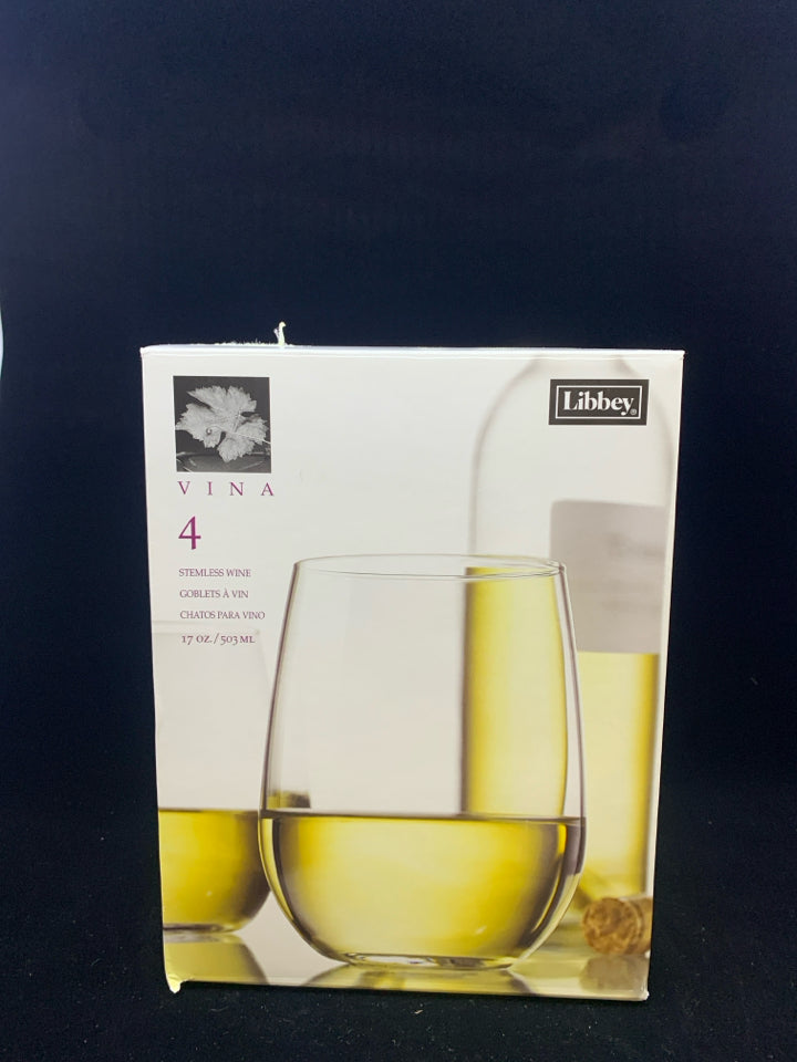 NIB LIBBEY 4 STEMLESS WINE GLASSES.