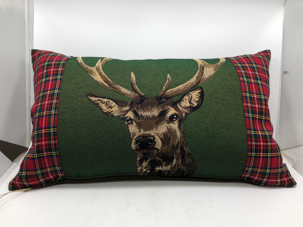 NWT HINES TAPESTRY DEER W/ PLAID RECTANGLE DOWN PILLOW.