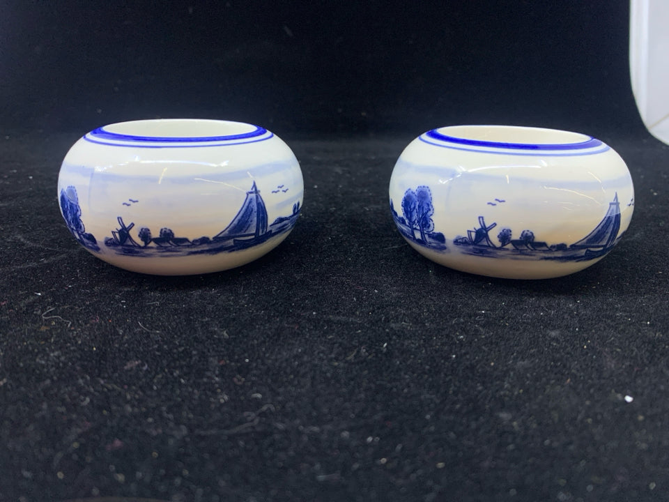 2 ROUND BLUE/WHITE WINDMILL TEA LIGHT HOLDERS.