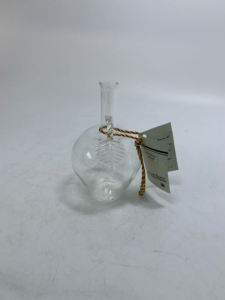 SMALL APPLE SHAPED CLEAR GLASS ROMANIAN BUD VASE.