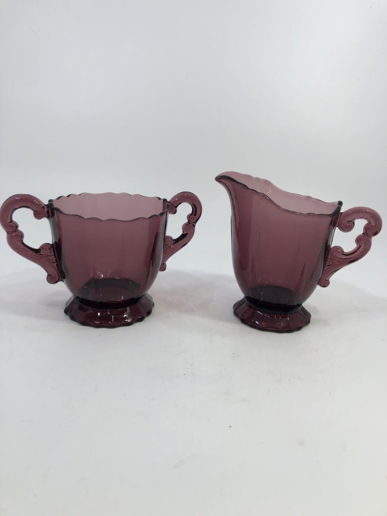 VTG PURPLE GLASS SUGAR AND CREAMER SET.