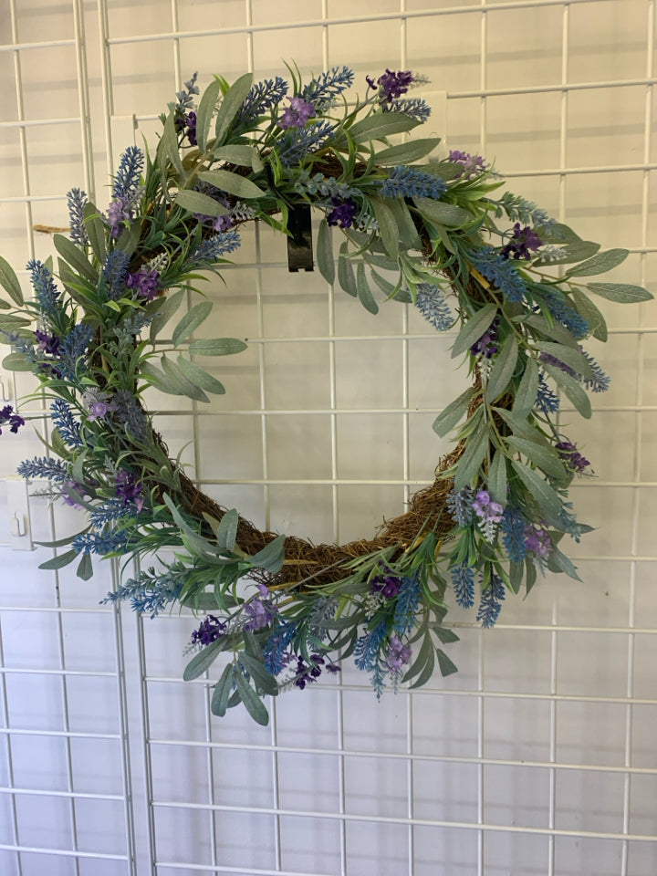 PURPLE/BLUE FLOWERS TWIG WREATH.