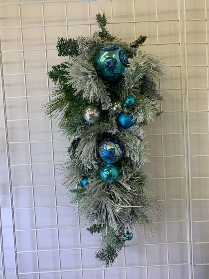 PINE NEEDLES TABLE BOUQUET W/ LIGHT BLUE & SILVER ORNAMENTS FROSTED SNOW.