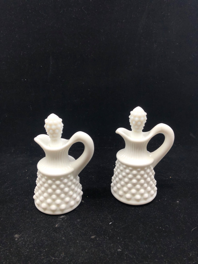 2 VTG MILK GLASS HOBBNAILED OIL AND VINEGAR EMPTY BOTTLES.