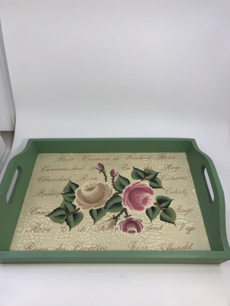 ROSE PAINTED GREEN TRAY W/HANDLES.