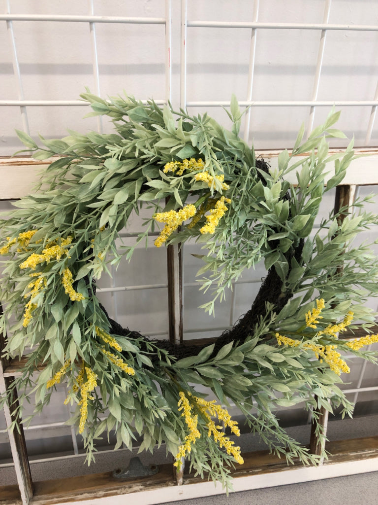 RECLAIMED WOOD WINDOW WALL HANGING W/FAUX WREATH.