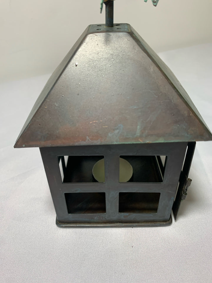 RUSTIC METAL TEA LIGHT HOLDER W ROOSTER WEATHER VANE.