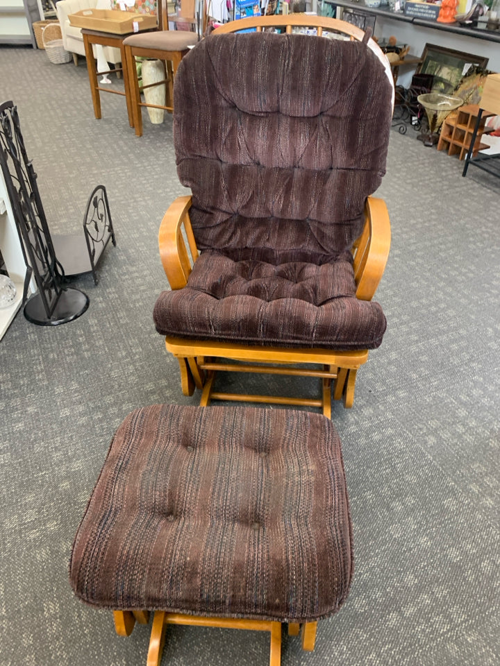 WOODEN GLIDER AND OTTOMAN W LARGE CUSHION.