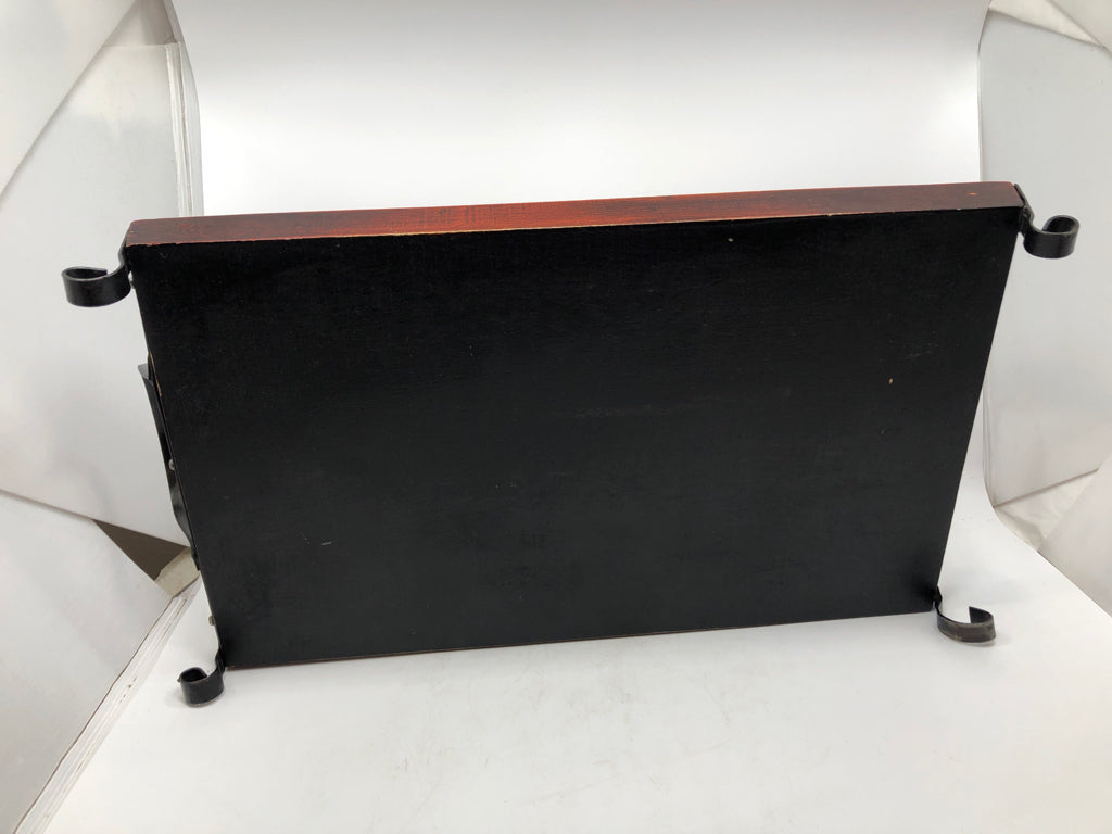 ROSE PAINTED WOOD TRAY W/METAL HANDLES AND FEET.