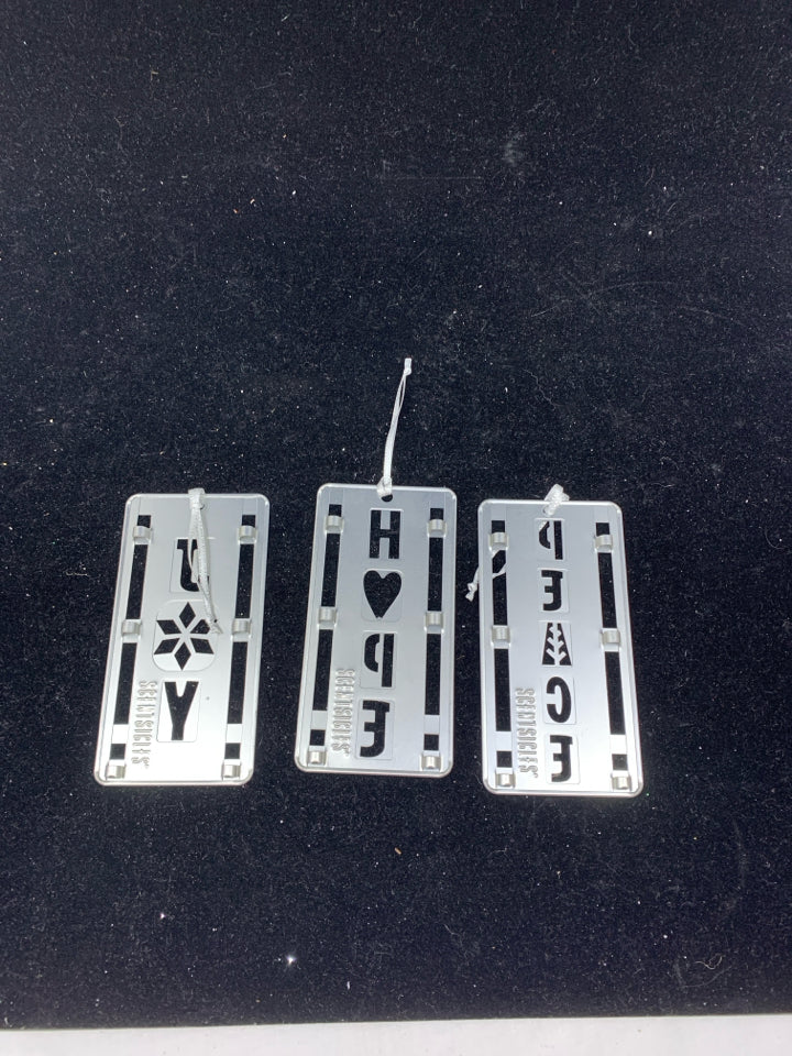 3 "JOY" "PEACE" "HOPE" SILVER METAL ORNAMENTS.