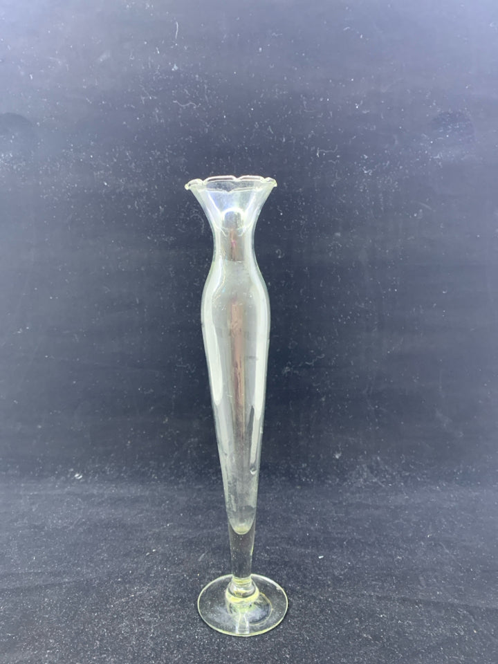 EUROFLORA CLEAR GLASS FLARE TOP BUD VASE.