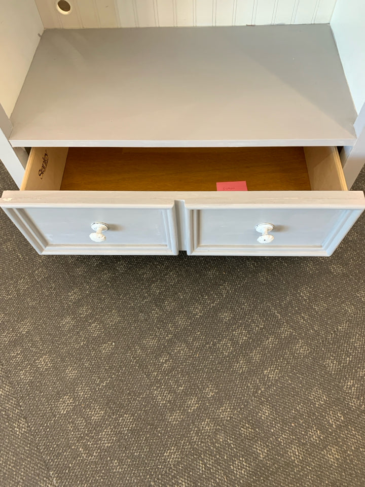 3-SHELF GRAY & WHITE CABINET W/SCALLOP TOP & 2 DRAWERS.