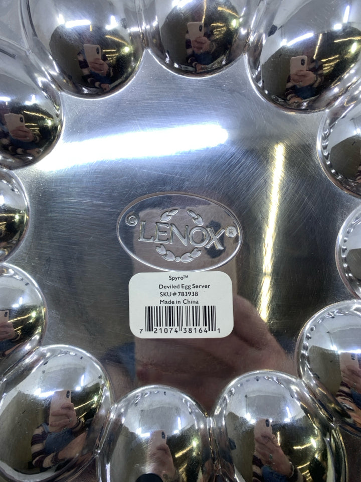 NIB SILVER METAL DEVILED EGG TRAY W/ CARVED DESIGNS.