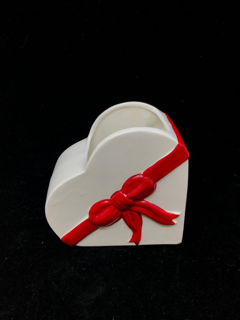 CERAMIC WHITE HEART PLANTER W/RED BOW.