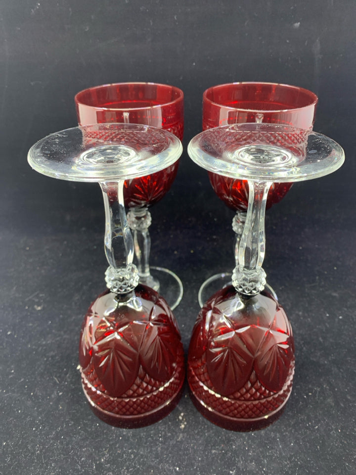 4 DARK RED GLASS WINE GLASSES.