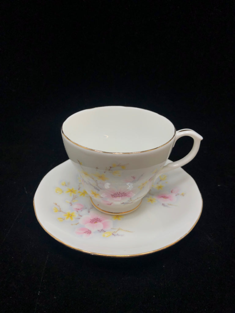 VTG PINK/YELLOW FLOWER TEA CUP & SAUCER - DUCHESS.