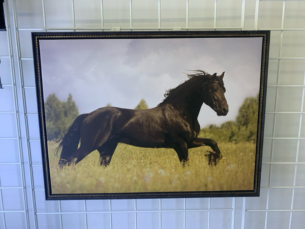 BROWN HORSE IN FIELD CANVAS WALL HANGING W/ BLACK FRAME.