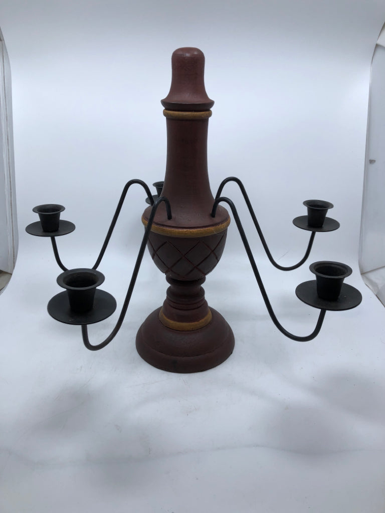 BROWN TURNED WOOD CANDELABRA.