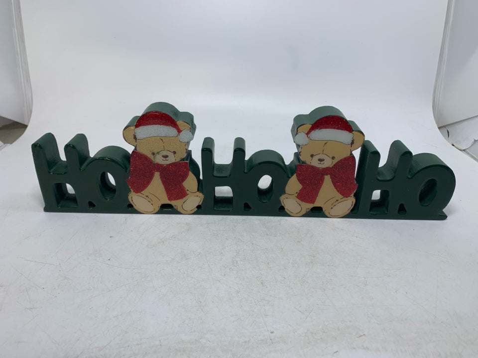 GREEN GLOSSY HOHOHO SIGN W/ TEDDY BEARS.