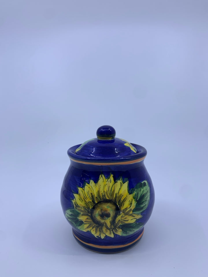 DARK BLUE CANISTER/ SUGAR BOWL W SUNFLOWER.