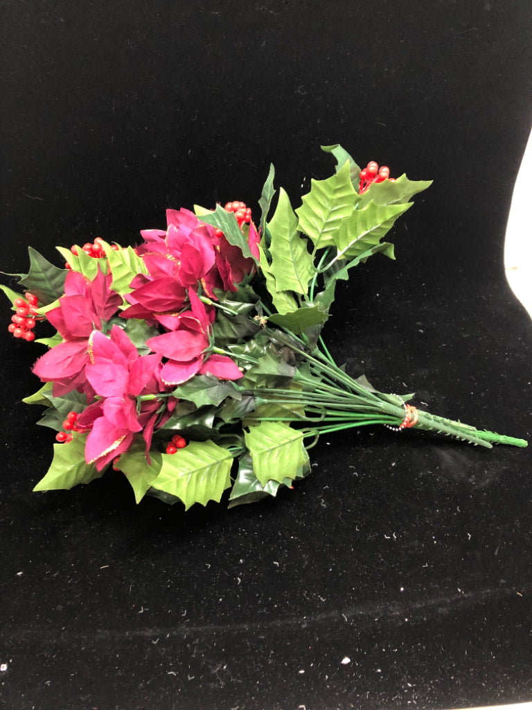 FAUX HOLLY AND PURPLE FLOWER BOUQUET.