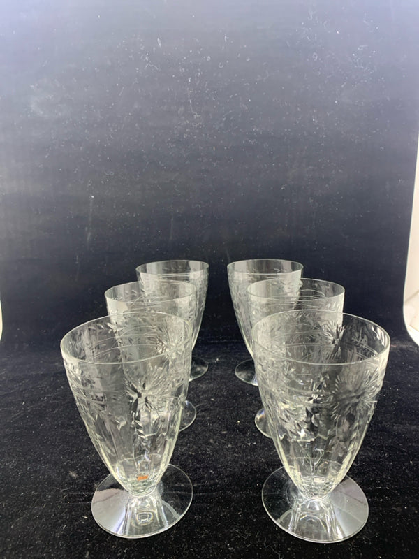 6 ETCHED DESSERT GLASSES.