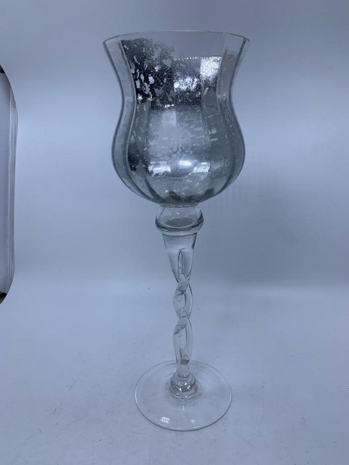MERCURY GLASS TALL CANDLE HOLDER.