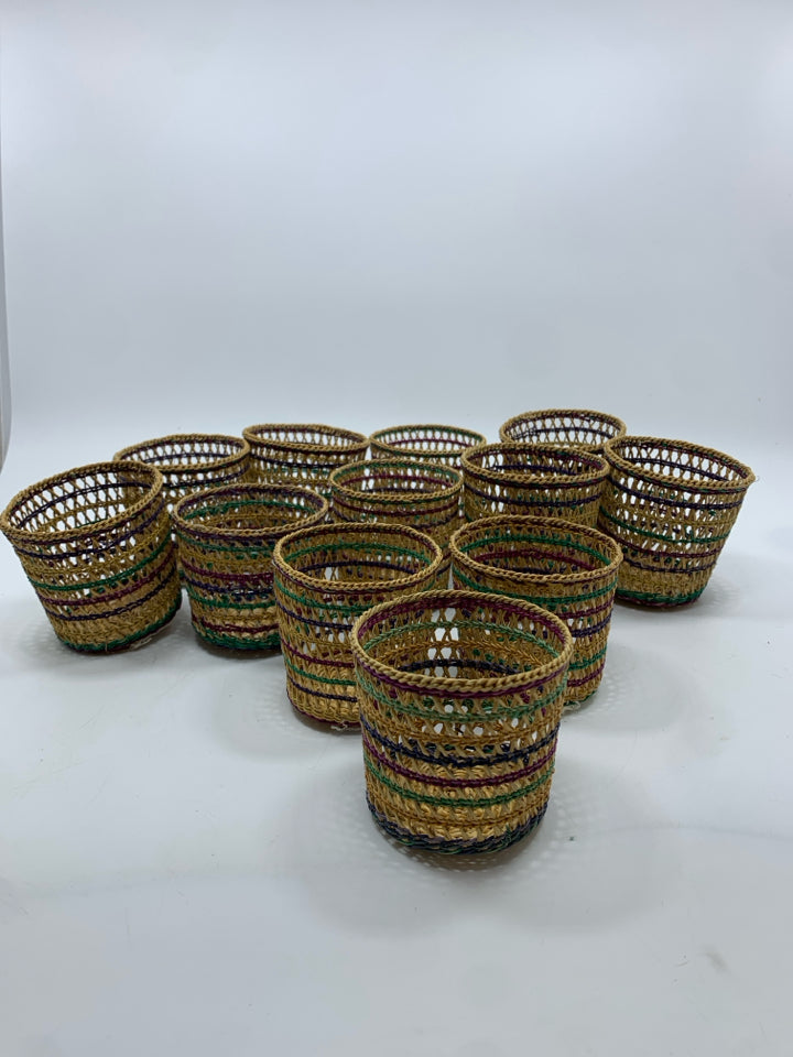 12 BASKET WEAVE RATTAN CUPS SLEEVES.