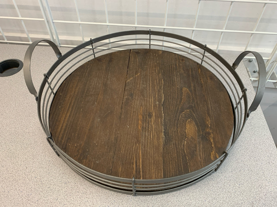 DARK WOOD TRAY W/METAL HANDLES/FRAME.