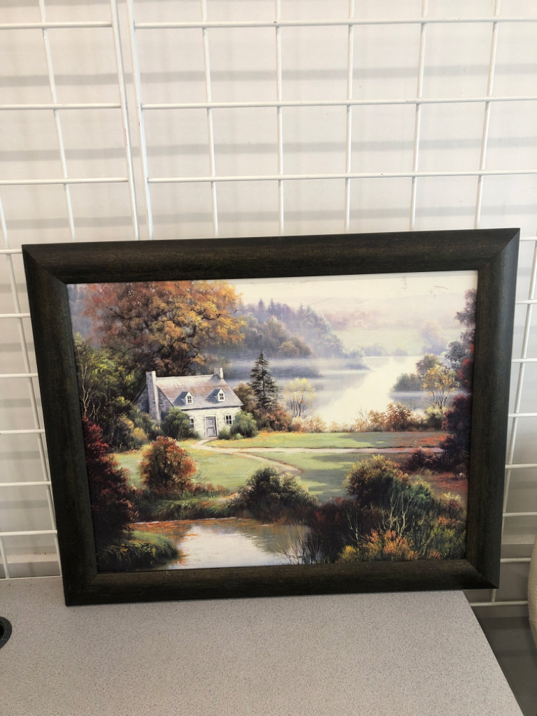 COTTAGE BY THE LAKE IN DRK BROWN FRAME.