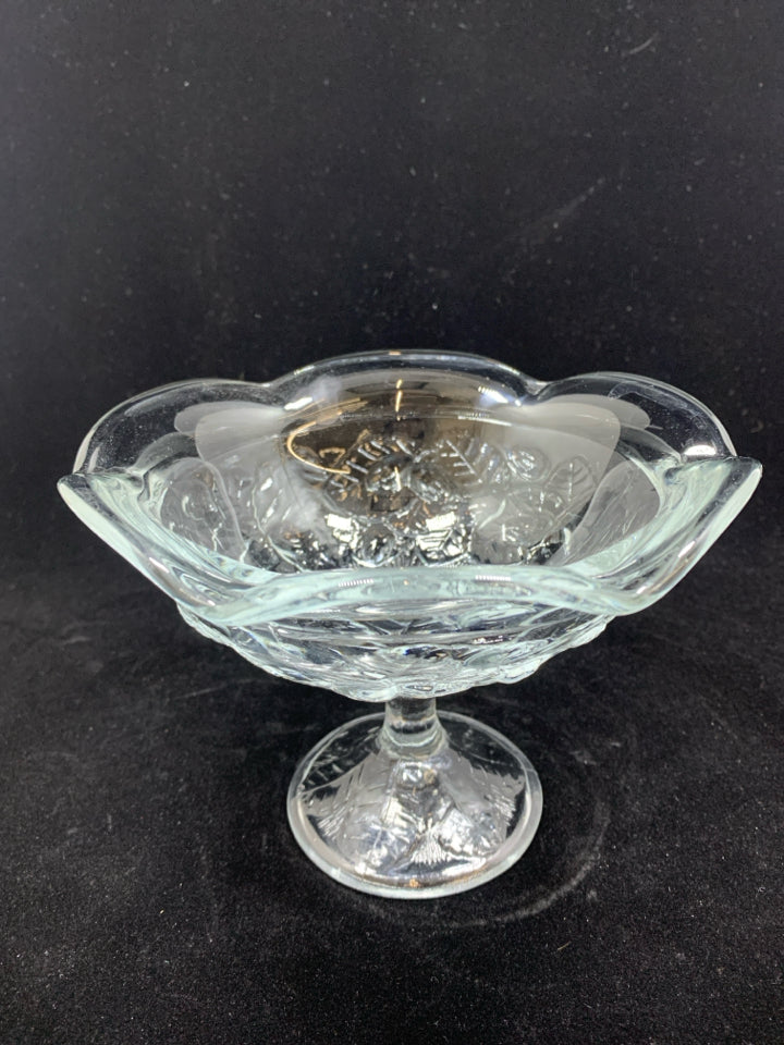 CUT GLASS PEDESTAL BOWL W/EMBOSSED FLOWERS.