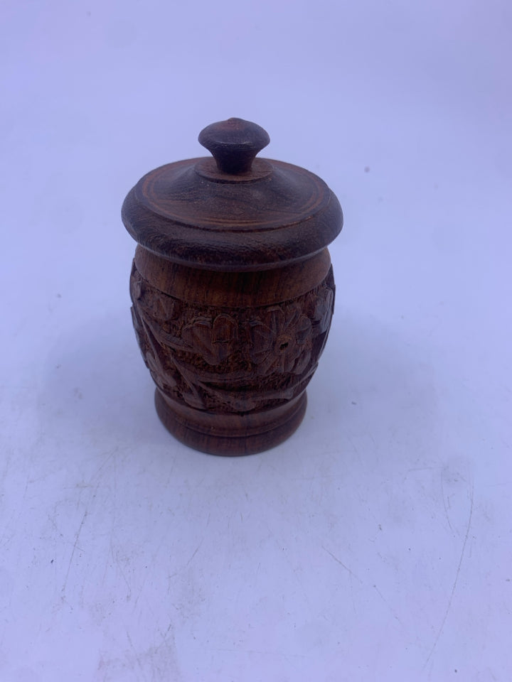 WOOD CARVED MINI CANISTER.