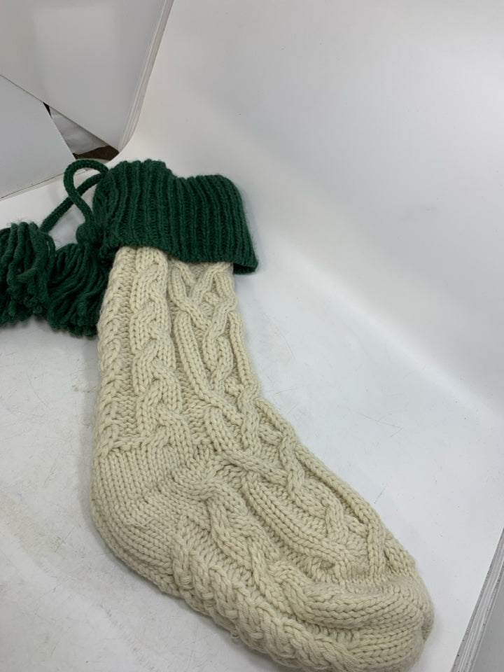 CREAM/GREEN KNIT STOCKING.